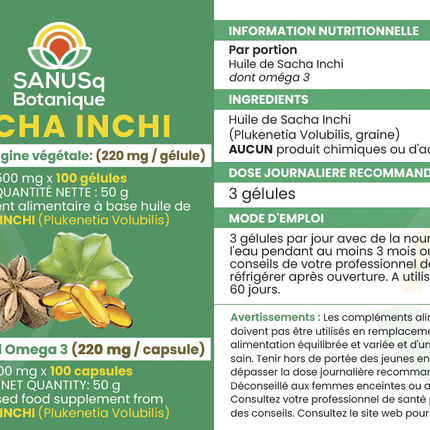 Étiquette Sacha Inchi SANUSq Botanique – Oméga 3 végétal, 220 mg par gélule, 100 gélules, culture biologique, sans OGM