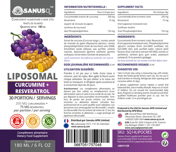 Liposomal Curcumin and Resveratrol 180ml SANUSq Health SANUSq Health